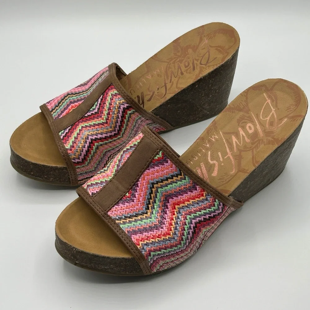 Blowfish Malibu B138 Multi Chevron Woven Cork Wedge Slide Sandals 8.5 Boho Retro
